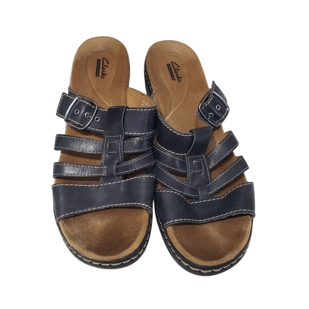Clarks Women's Navy Leather Slip On Sandals, Size 11 M